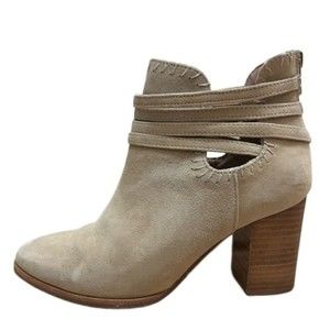 Anthropologie Strappy Heeled Booties in Beige Suede | Size 7